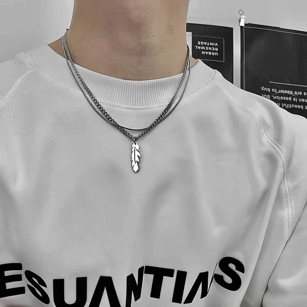 Einfache silberfarbene Edelstahl-Feder-Anhänger-Mehrschichtkette für Männer, Retro Hip-Hop Damen Party-Schmuck – Detail 2