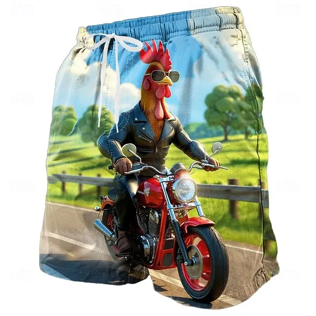 

Men's Cool Biker Rooster Print Beach Shorts Funny Motorcycle Chicken Graphic Quick Dry Board Shorts Swim Trunks