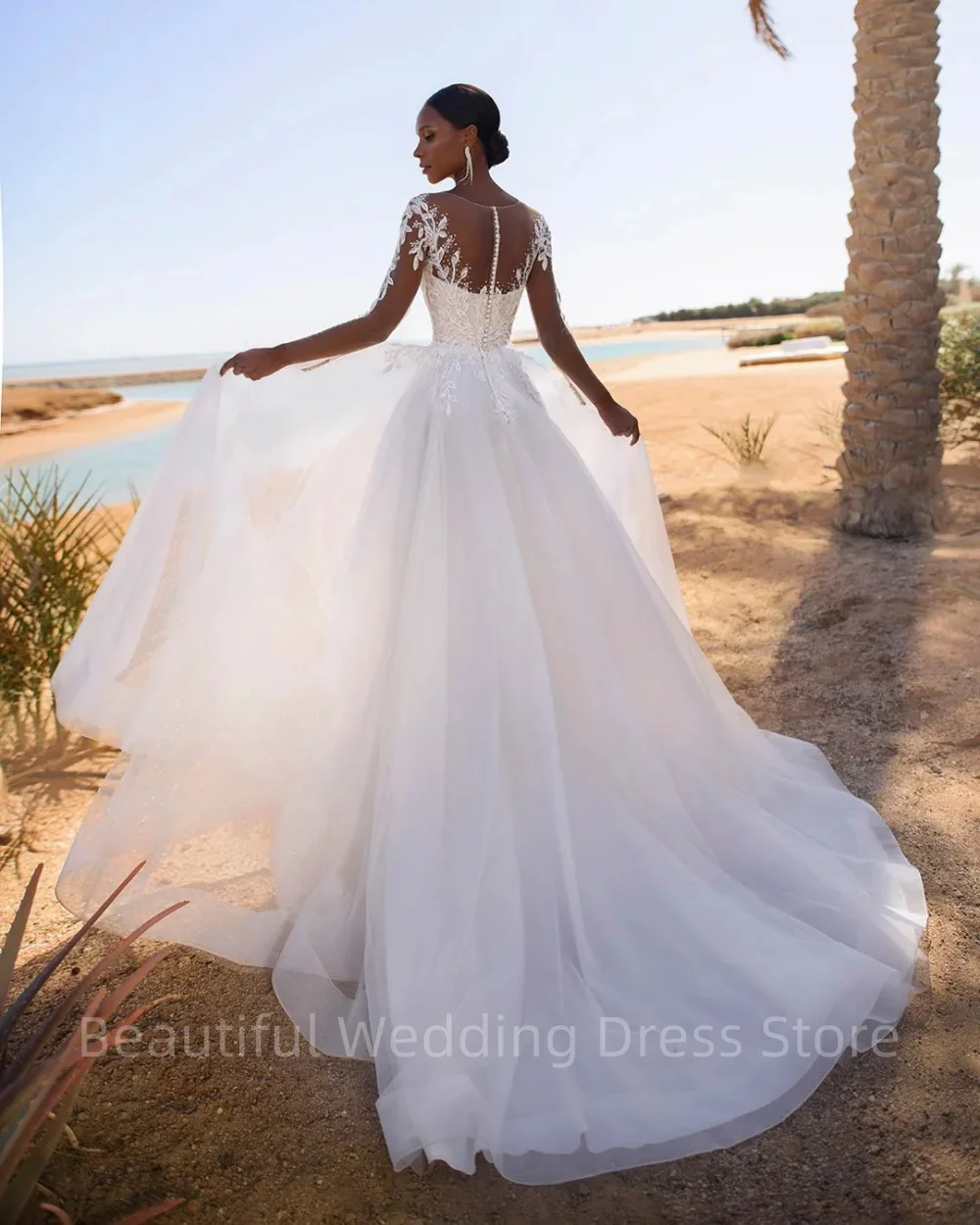 Robe de mariée bohème à manches longues en dentelle transparente, gracieuse, mariée appliquée, une ligne, patients en tulle, quelle que soit la robe personnalisée