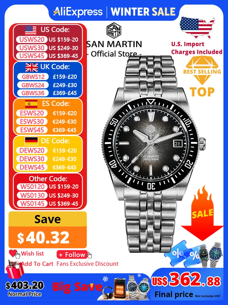 

San Martin 37.5mm 40mm Enamel Spiral Vortex Dial Men Luxury Diver Watch Miyota 9015 Automatic Mechanical Waterproof 200m SN0148