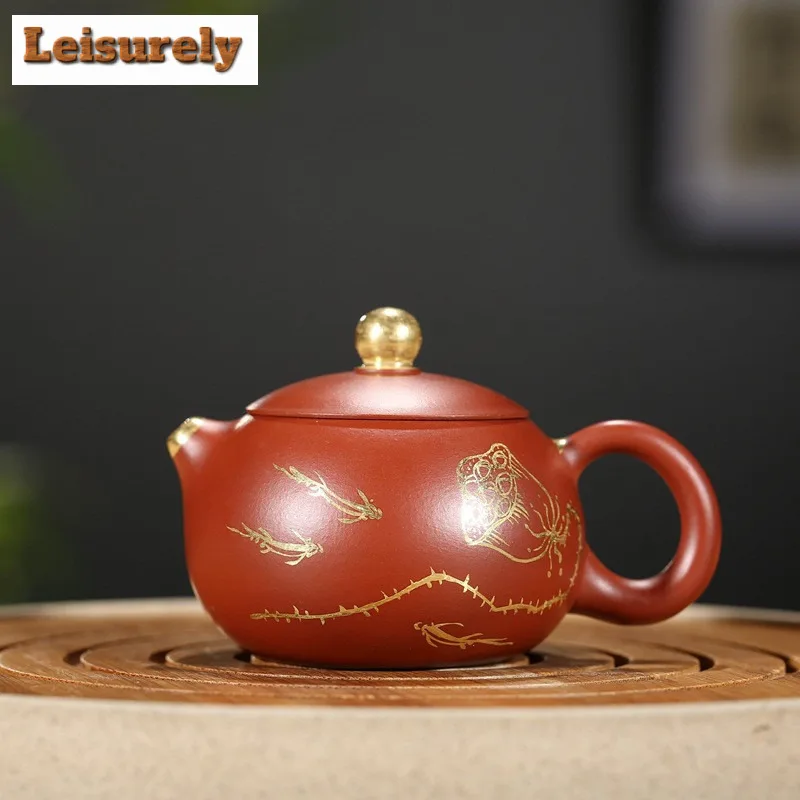 100ml Elegant Yixing Purple Clay Teapots Handmade Gold Tracing Xishi Pot Raw Ore Dahongpao Mud Kettle Zisha Tea Set Drinkware