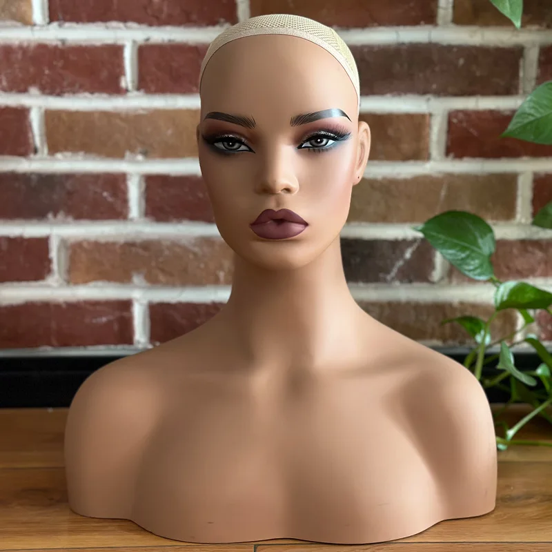 رأس عارضة أزياء أنثى مع كتف مزدوج، شعر مستعار، إكسسوارات ودعامة عرض القبعة، رأس عارضة أزياء لعرض النافذة #5