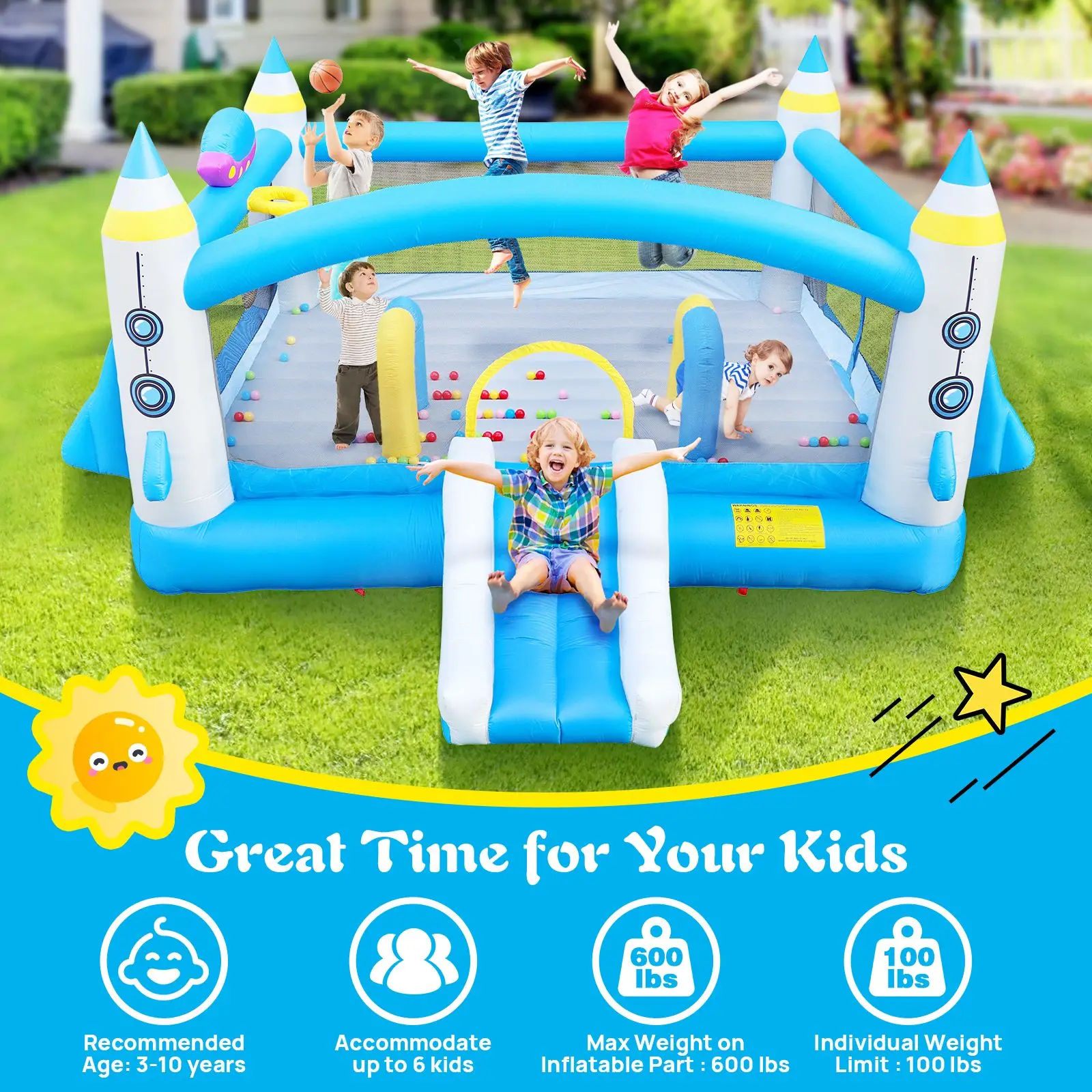 Buttafuori gonfiabili multifunzionali Jump 'n Slide per bambini Configurazione completa con ventilatore - Area gioco 198" x 180" - Altezza 96"