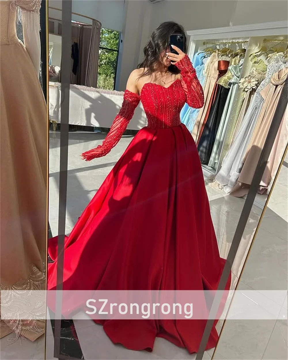 Vestido de fiesta de noche con espalda descubierta y corsé con cuentas y hombros descubiertos, vestido largo de satén sencillo para dama de honor con tren personalizado