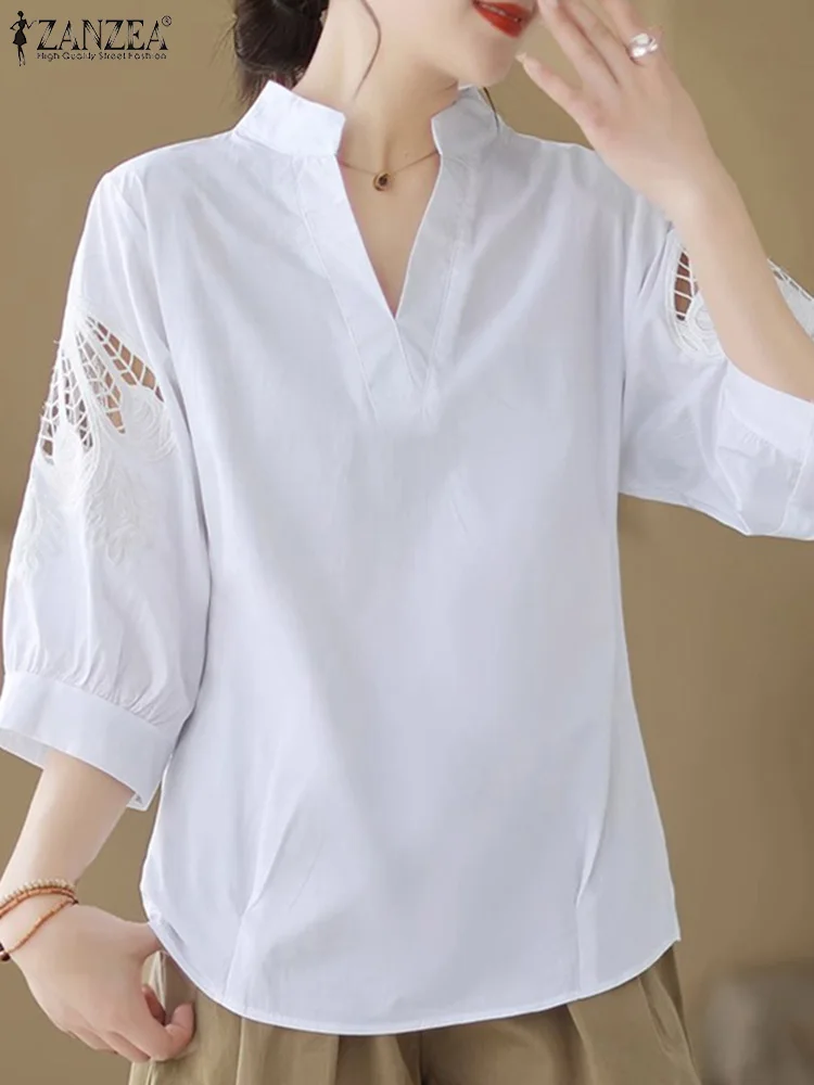 ZANZEA Elegant Women Autumn Hollow Out Embroidery Blouse Casual Solid Tops Female Work Blusas Chemise V Neck 3/4 Sleeve OL Shirt