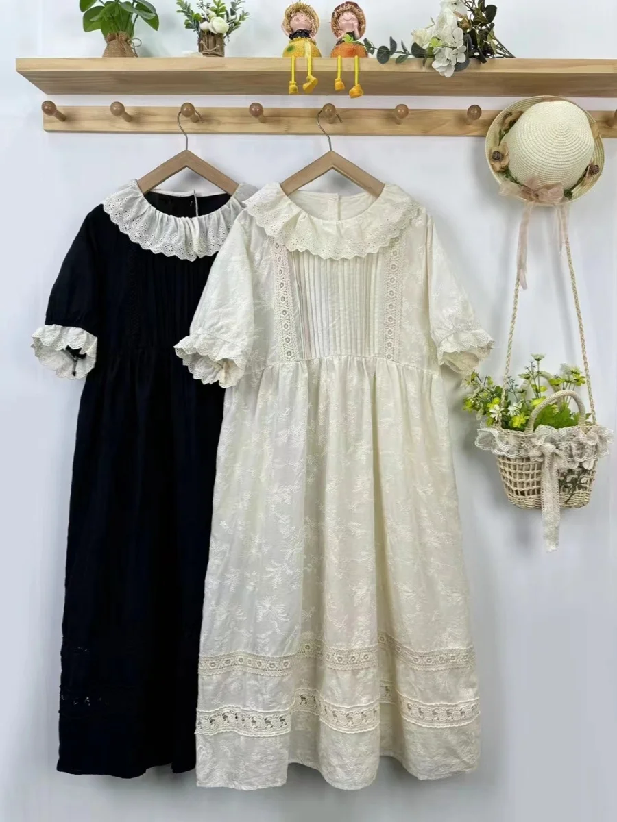 Summer Sweet Solid Color Hollow out Embroidered Dress Women Short Sleeve Casual Pleated Midi Dress