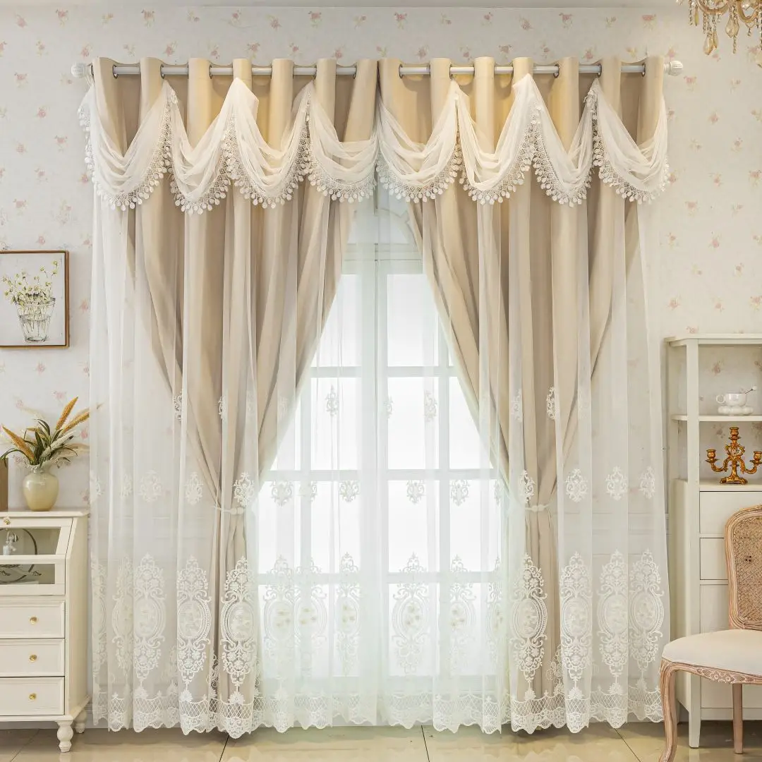 European Vintage Embroidered Lace Semi-Transparent Curtain, Dual Layer Design, Perfect for Living Room and Bedroom Decor