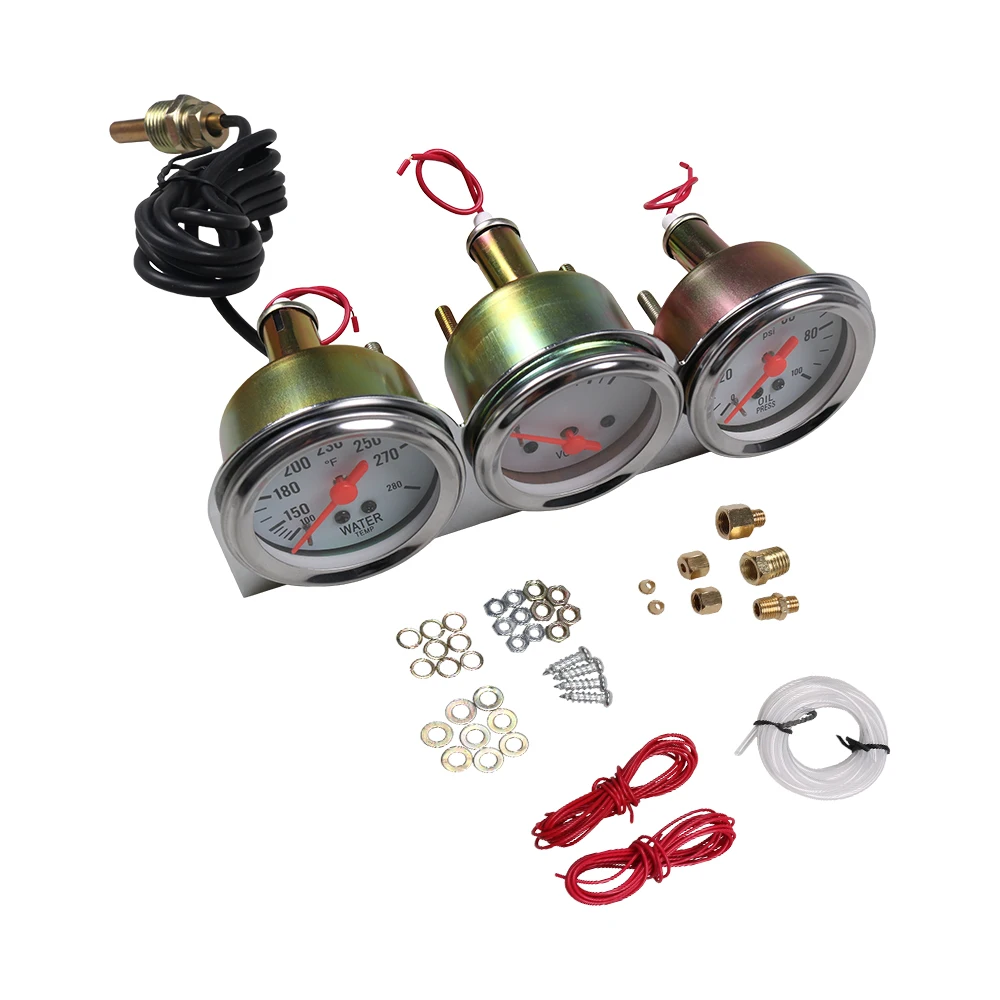 

Chrome 2" 52MM Illuminated Triple Gauge Kit Voltmeter Water Temp Oil Pressure Gauge Car Meter