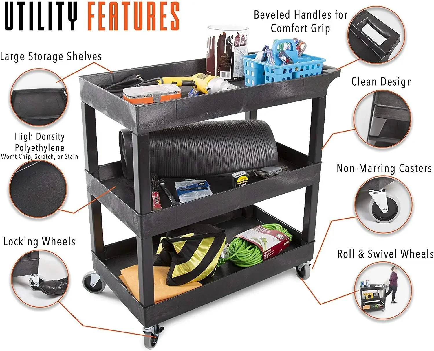 Stand Steady Tubstr 3 Shelf Utility Push Cart Supports Up to 300 lbs - Heavy-Duty Plastic Service Cart Great for Offices