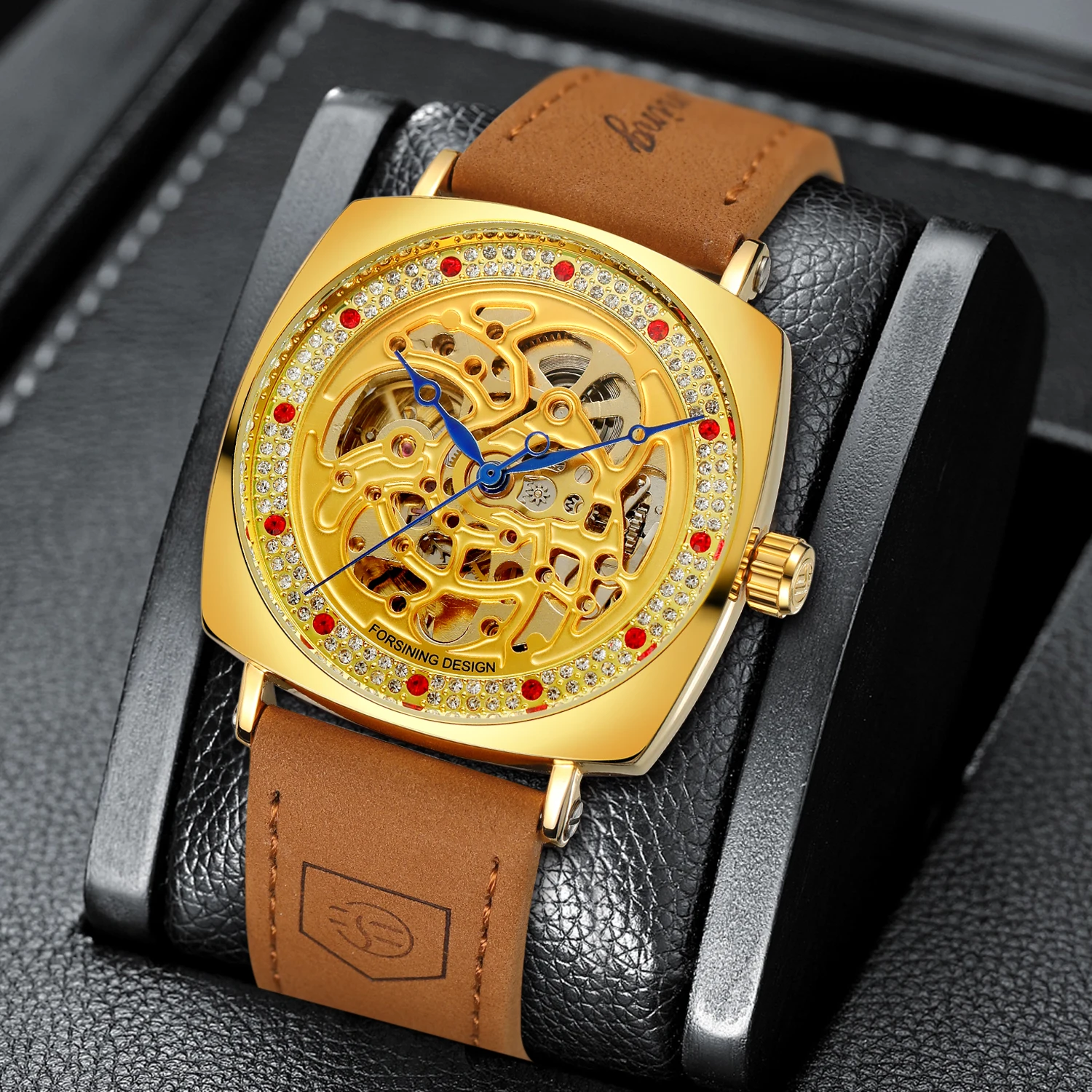 FORSINING Design Square Cattle Transparent Skeleton Wristwatches  Leather Belt Diamonds Surround Automatic Mechanical Men Watch