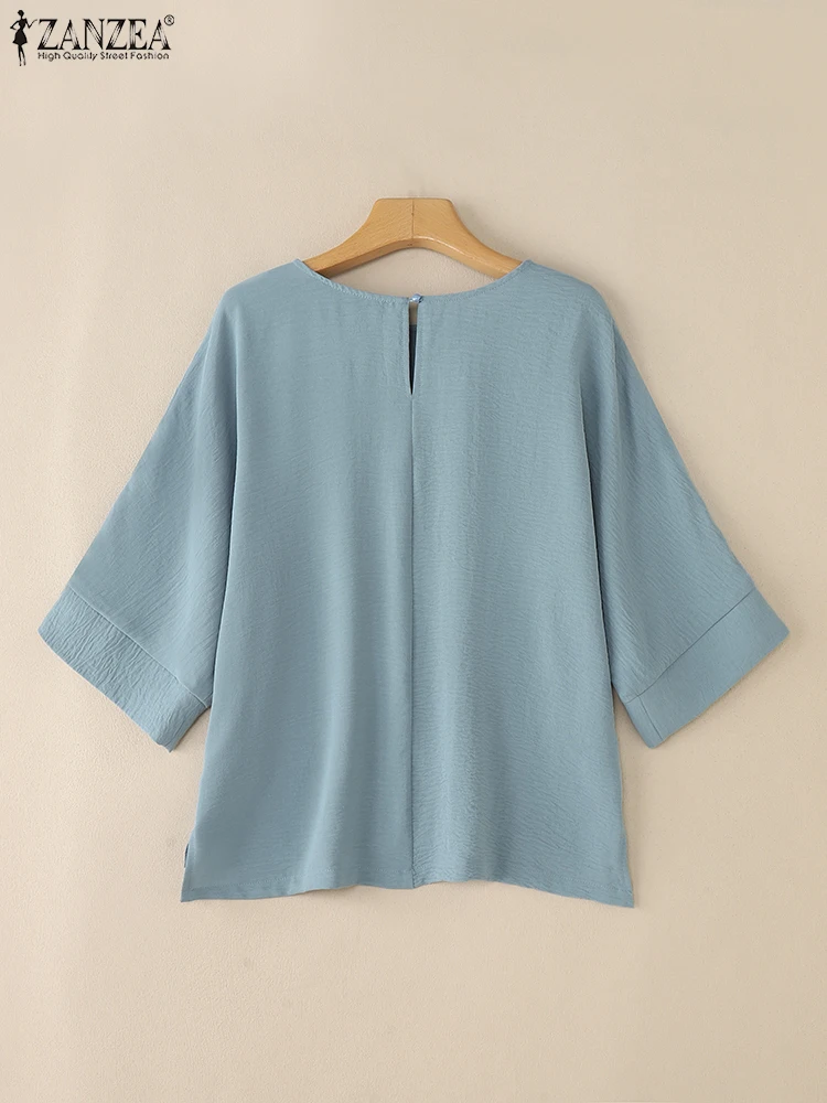 2025 Camicette da donna ZANZEA Casual O Collo Baggy Camicie da ufficio Autunno Manica 3/4 Blusas Estate Top Elegante Solid Chemise Oversize
