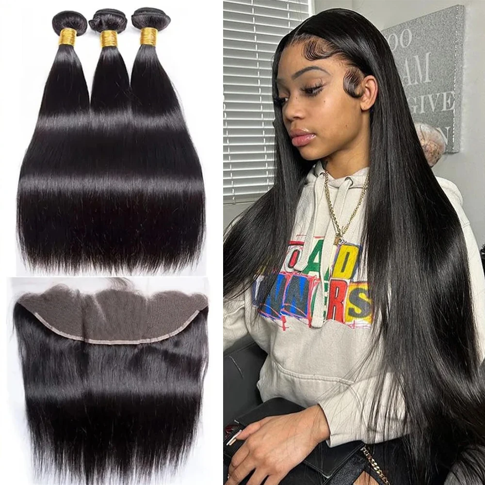 

Straight Bundles With 13x4 HD Lace Frontal 100% Human Hair Brazilian Extensions Weavings 3 Bundles With Closure for Black Women