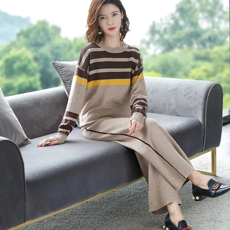 Women's Suit 2024 New Spring And Autumn Tummy-Covered Fashion Elastic Waist Wide-Leg Pants Jacket Two-Piece Loose Sweater Blue