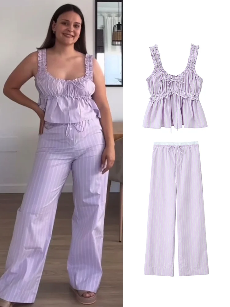 TRAF 2 Pieces Women Striped Pajama Style Pants Sets 2024 Fashion Sleeveless Suspender Top+Elastic Waist  Wide Leg Pants Outfits