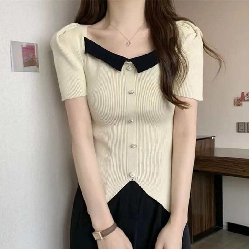 

Вязаный свитер-пуловер женский с коротким рукавом, асимметричный, облегающий, новинка Q3488