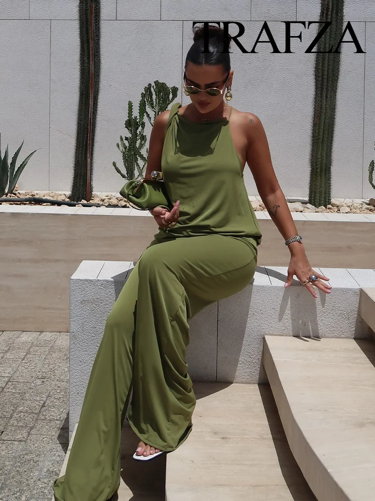 

TRAFZA Women Solid Pants Suit Backless Asymmetric With Pleated Decoration Sling Top+Chic Elastic Waist-drooping Wide-leg Pants