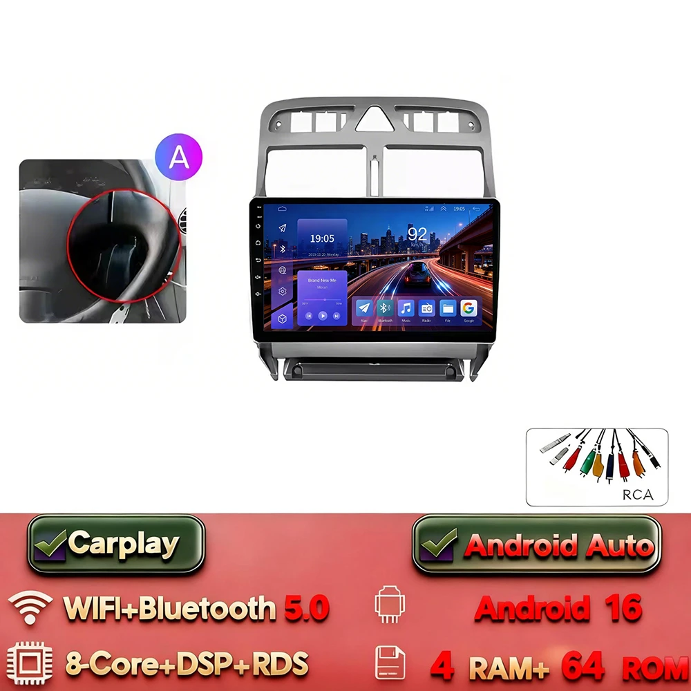 Android 16 Carplay Android Auto 2din Autoradio voor Peugeot 307 307CC 307 SW 2004-2013 4G WIFI GPS DSP BT Touchscreen Multimedia