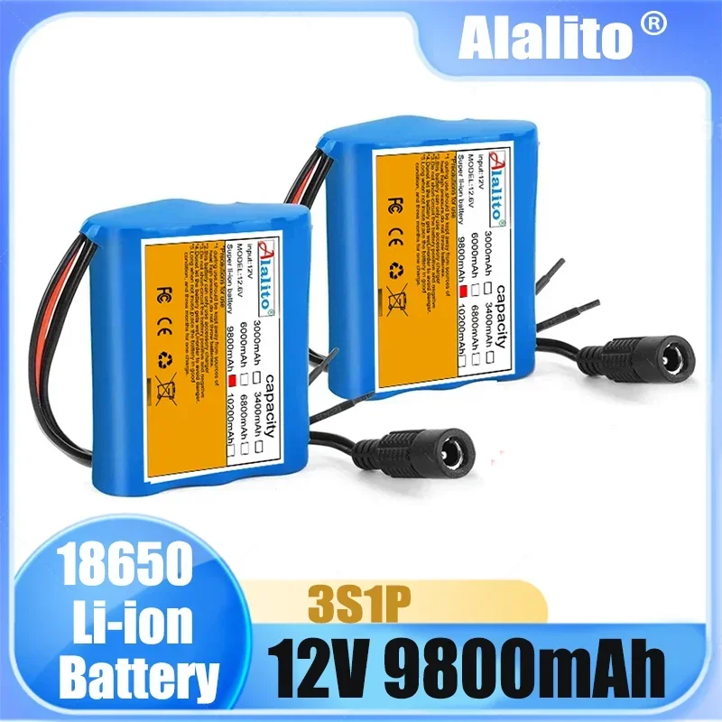 

New 3S1P Protection Plate 12V 9.8Ah Battery Pack 12V 9800mAh 18650 Lithium ion DC 12.6V Super Rechargeable Battery + Charger