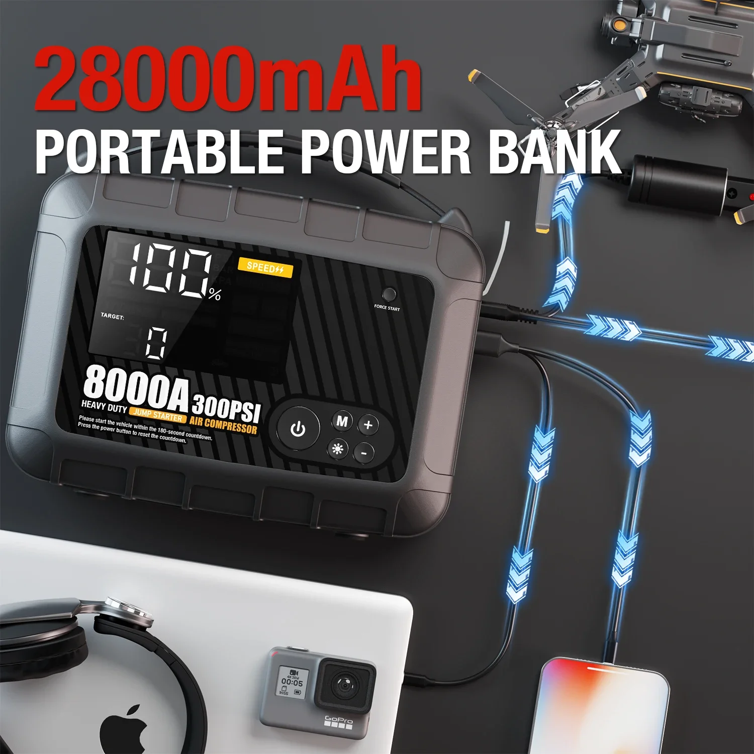8000A Peak Car Jump Starter Professional Heavy Duty 12V Battery Booster for Cars, Trucks/Vehicles