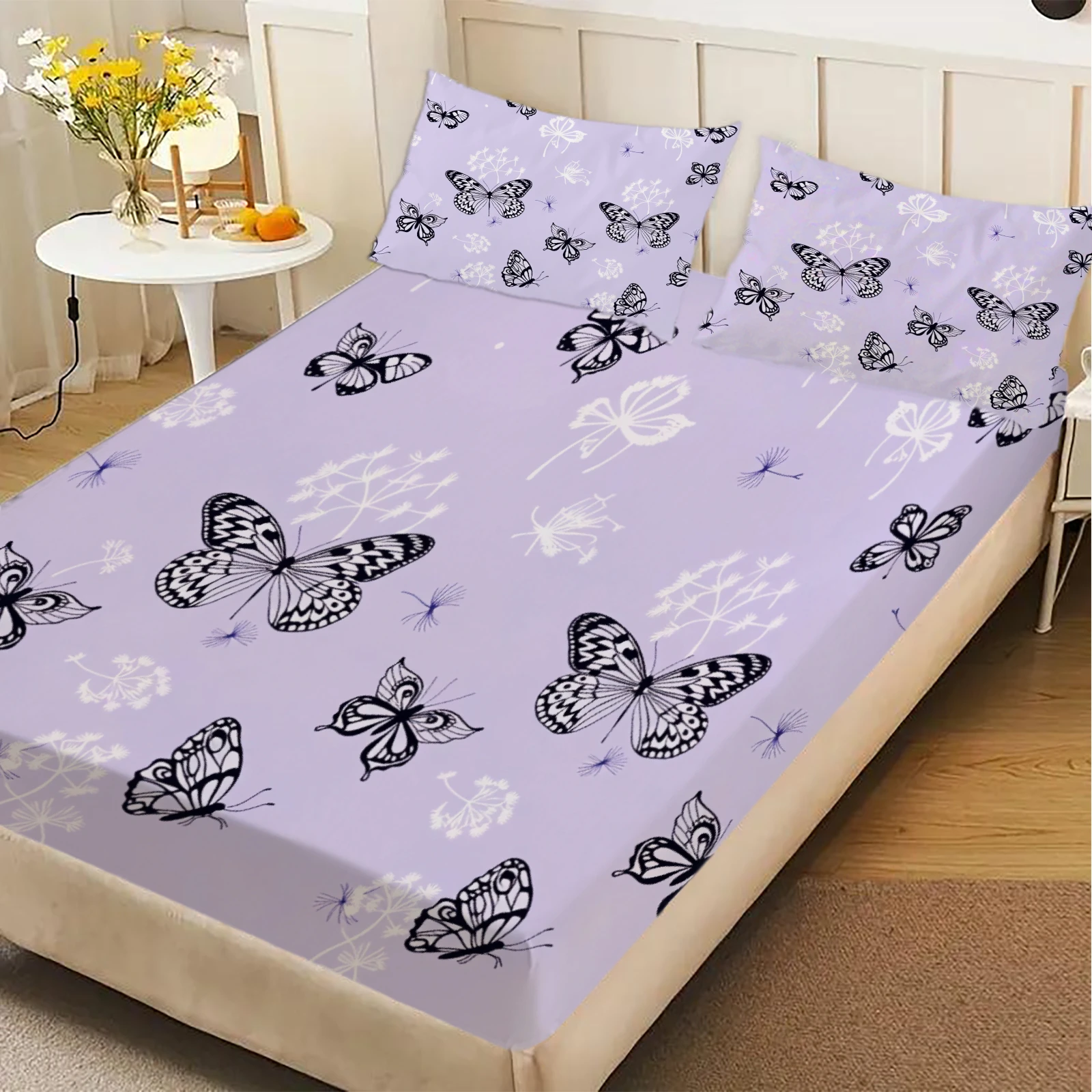 1 Piece Purple Butterfly Print Fitted Sheet Soft Microfiber Bedding Floral Dandelion Mattress Cover For Bedroom Decor