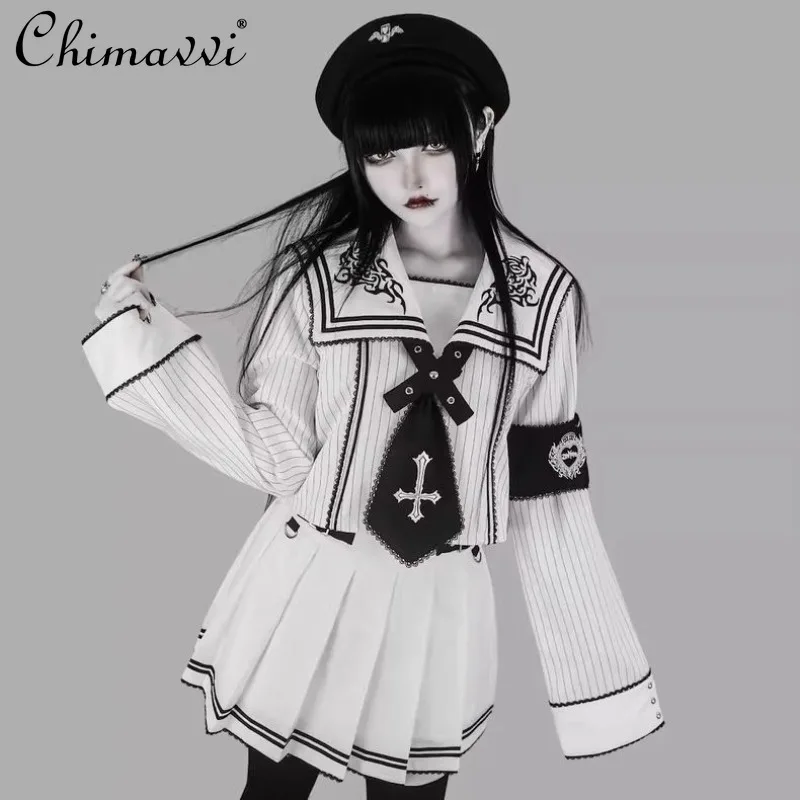 

Japanese Punk Style Heavy Embroidery Floral Sailor Collar Cross Tie Top and Pleated Skirt Set Dark Girls Outfits New 2026 Spring