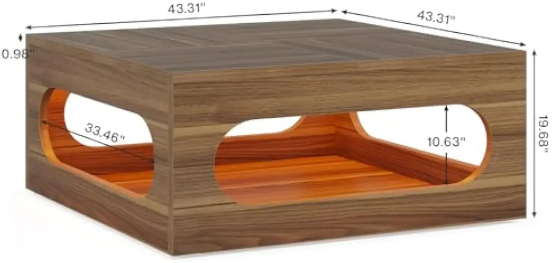 43-Inch Coffee Table with LED Light, Square Coffee Table with Storage, Wood Cocktail Table, Farmhouse Center Table