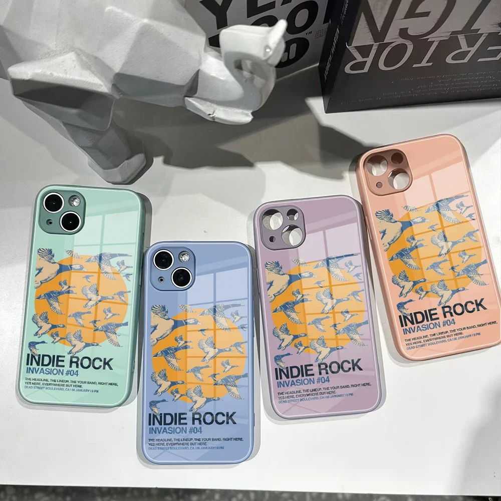 For IPhone15 Pro Tempered Glass Case for IPhone 14 11 12  XR XS MAX 7/8 X Plus 12 13mini 14pro INDIE ROCK INVASION Color Covers