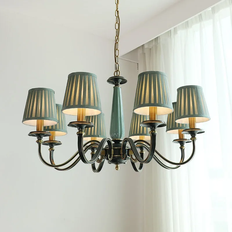 High-end American copper living room chandelier, European villa lamp, bedroom dining room pastoral ceramic clad ancient