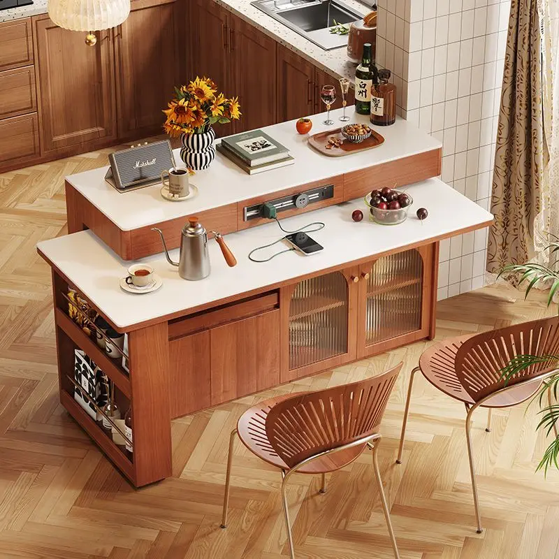 

Nordic small apartment solid wood island retractable dining table, simple new Chinese rock slab for home use, rotating