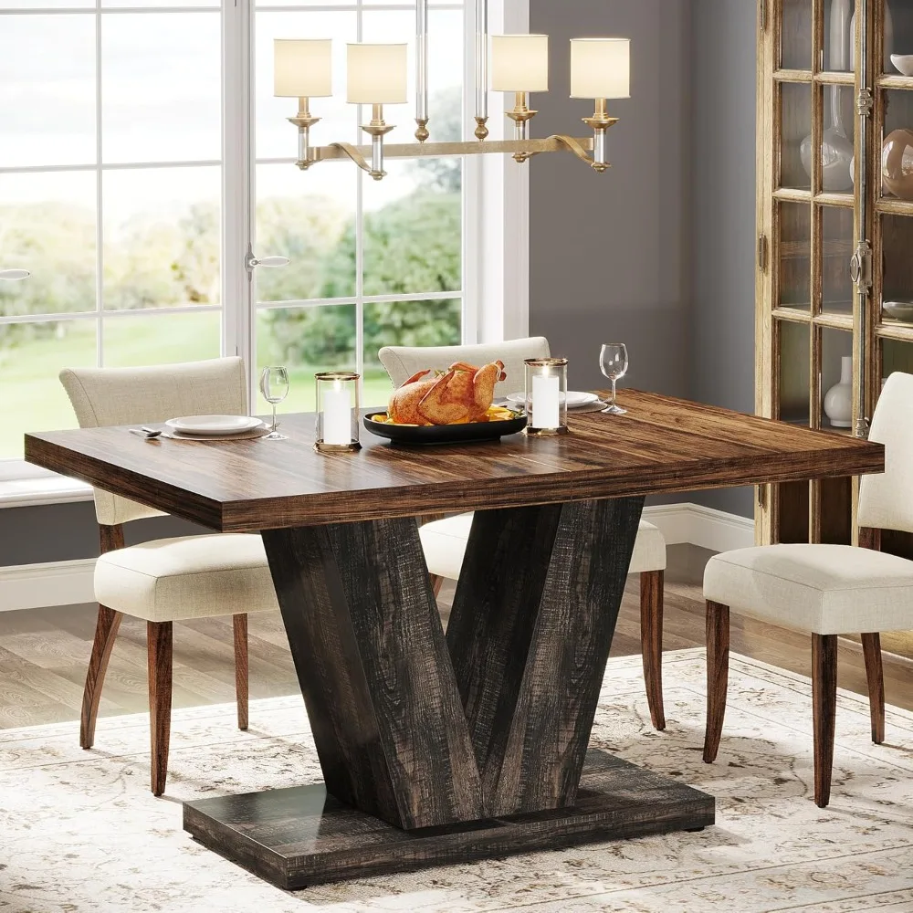 47-Inch Dining Table for 4, Black Kitchen Dinner Table with Heavy Duty Pedestal, Farmhouse Wooden Eating Table for Home