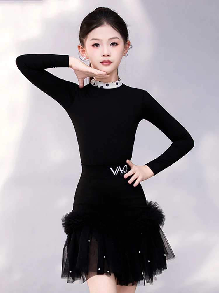 Kinderen Latin Danswedstrijd Kleding Voor Meisjes Zwarte Lange Mouwen Split Rokken Oefenpak Samba Chacha Latin Wear XH3635