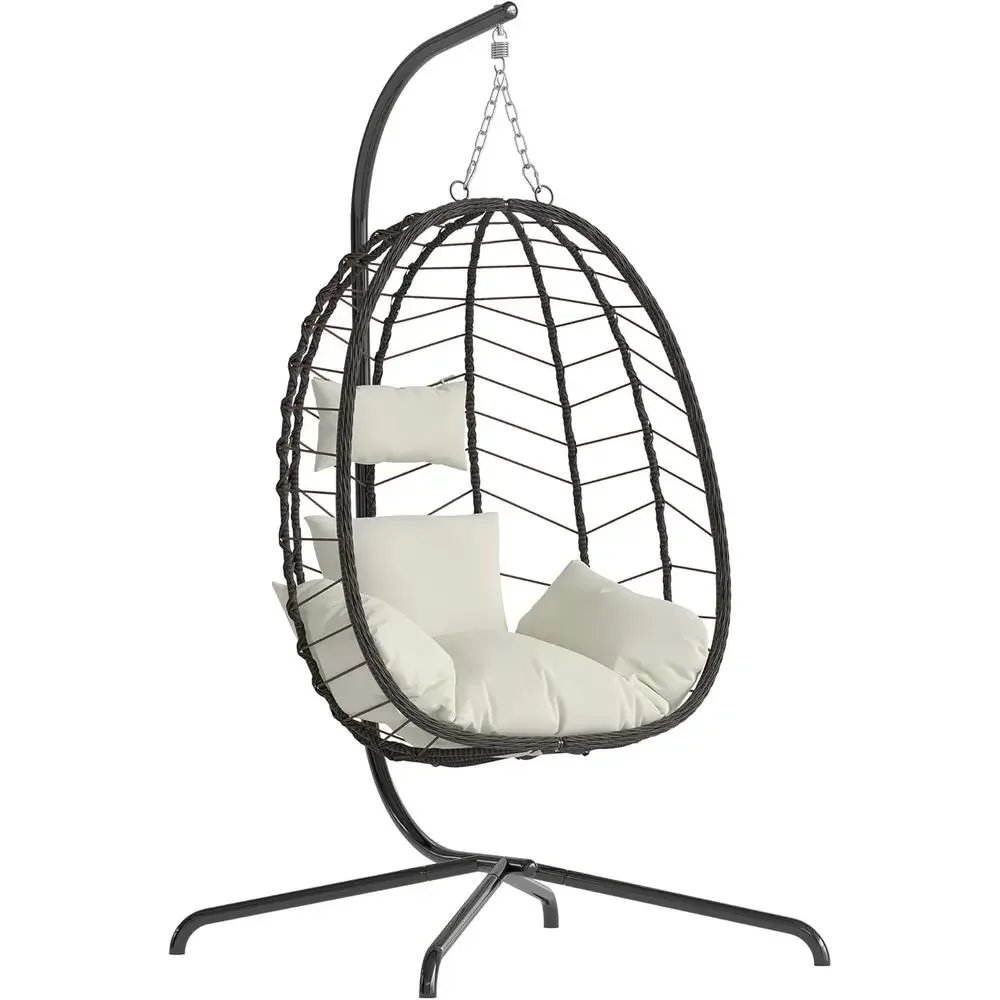 Outdoor Wicker Hanging Egg Chair with Stand, Suitable for Patio, Balcony, and Bedroom, Supports Up to 350 lbs