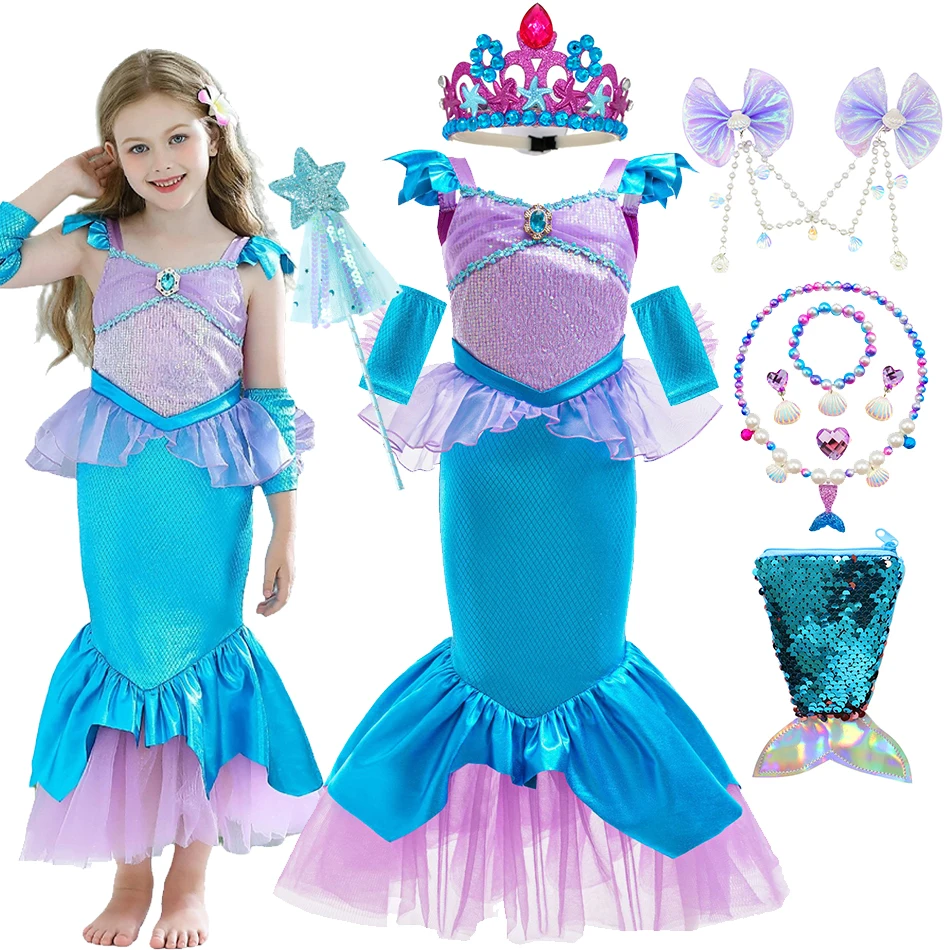 

Платье принцессы Ариэль из мультфильма «Русалочка» для девочек, костюмы для Хэллоуина, карнавала, дня рождения, тематической вечеринки, детские нарядные костюмы для маскарада