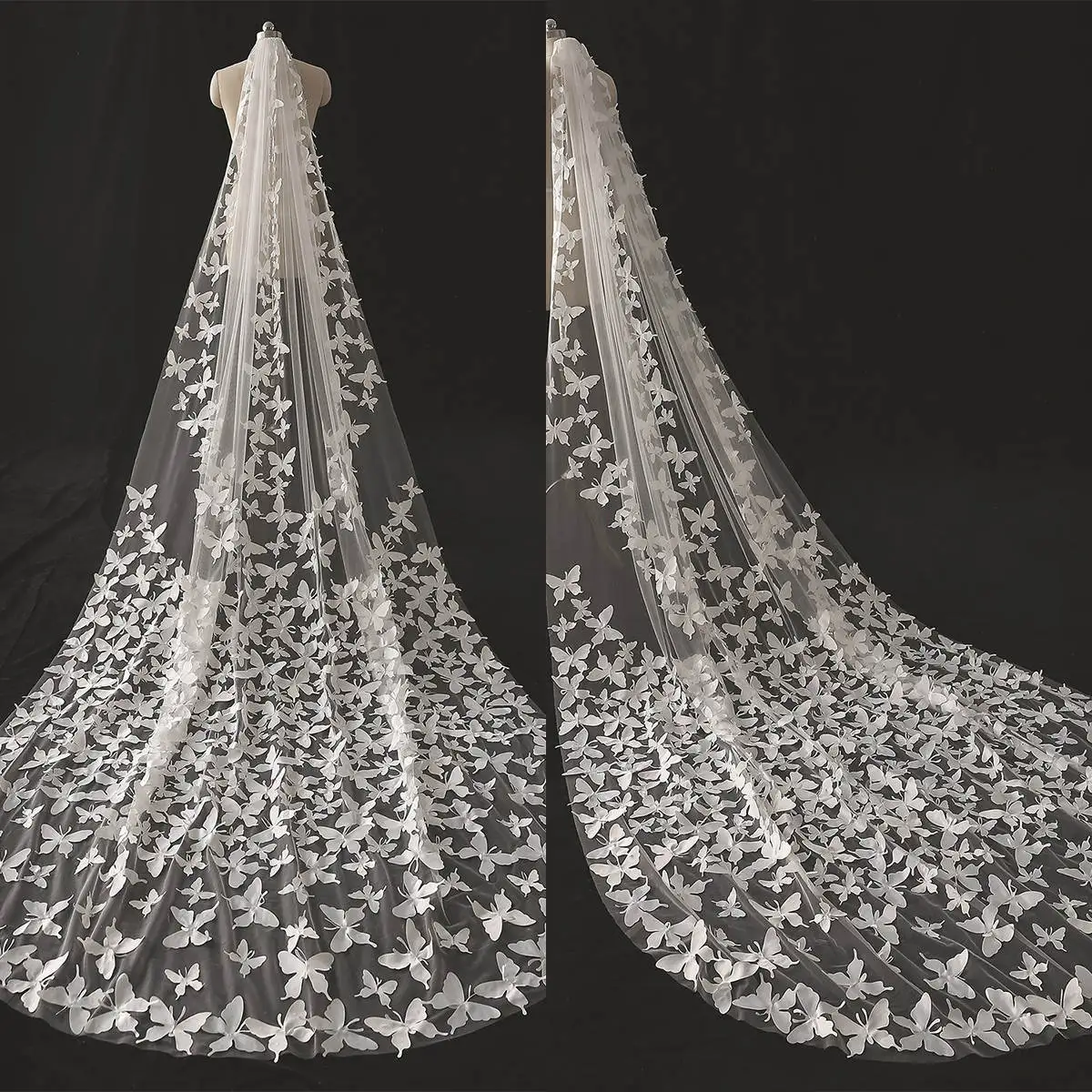 

Butterfly Wedding Veil 3D Applique One Layer Long Cathedral Length Veils Applique Edge Custom Made Bridal Accessories