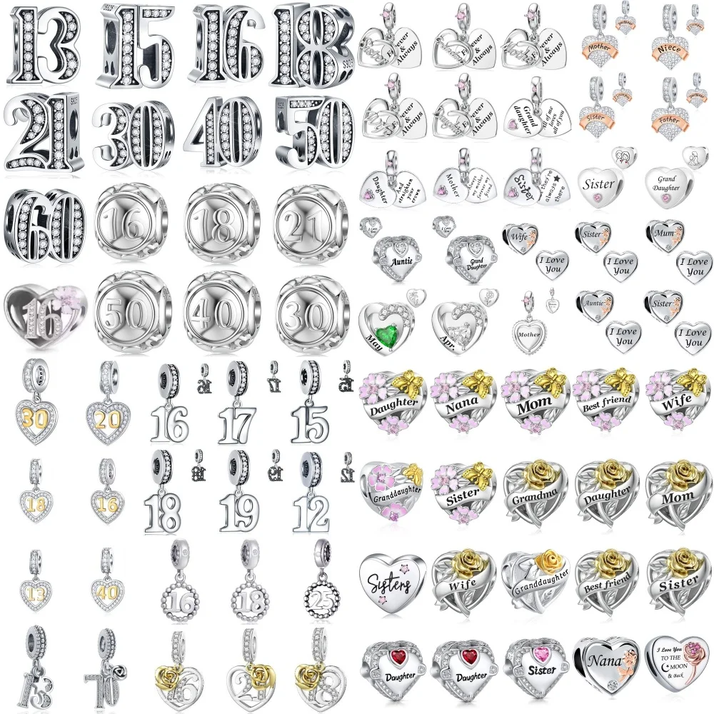 

925 Silver,Number 13 16 18 21 30 40 60 Mom Dad Sister Wife Heart shaped Bead Pendant Bracelet DIY Accessories Home Jewelry Gifts