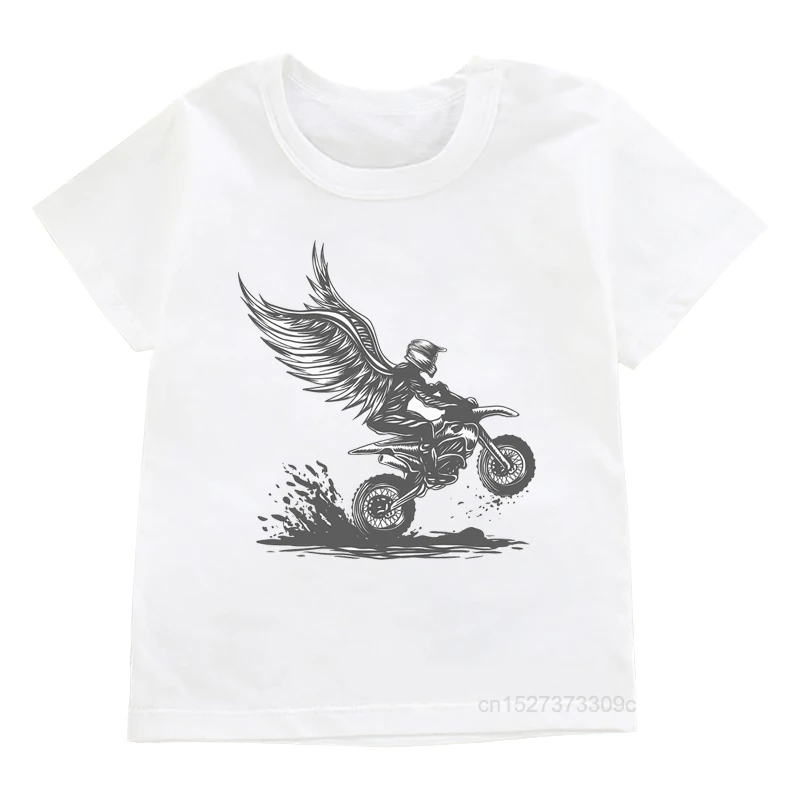 Motocross Dirt Bike Motorcycle Print T-shirt Boys Cool White T Shirts Kids Harajuku Shirt Summer Short Sleeve Tshirt Streetwear