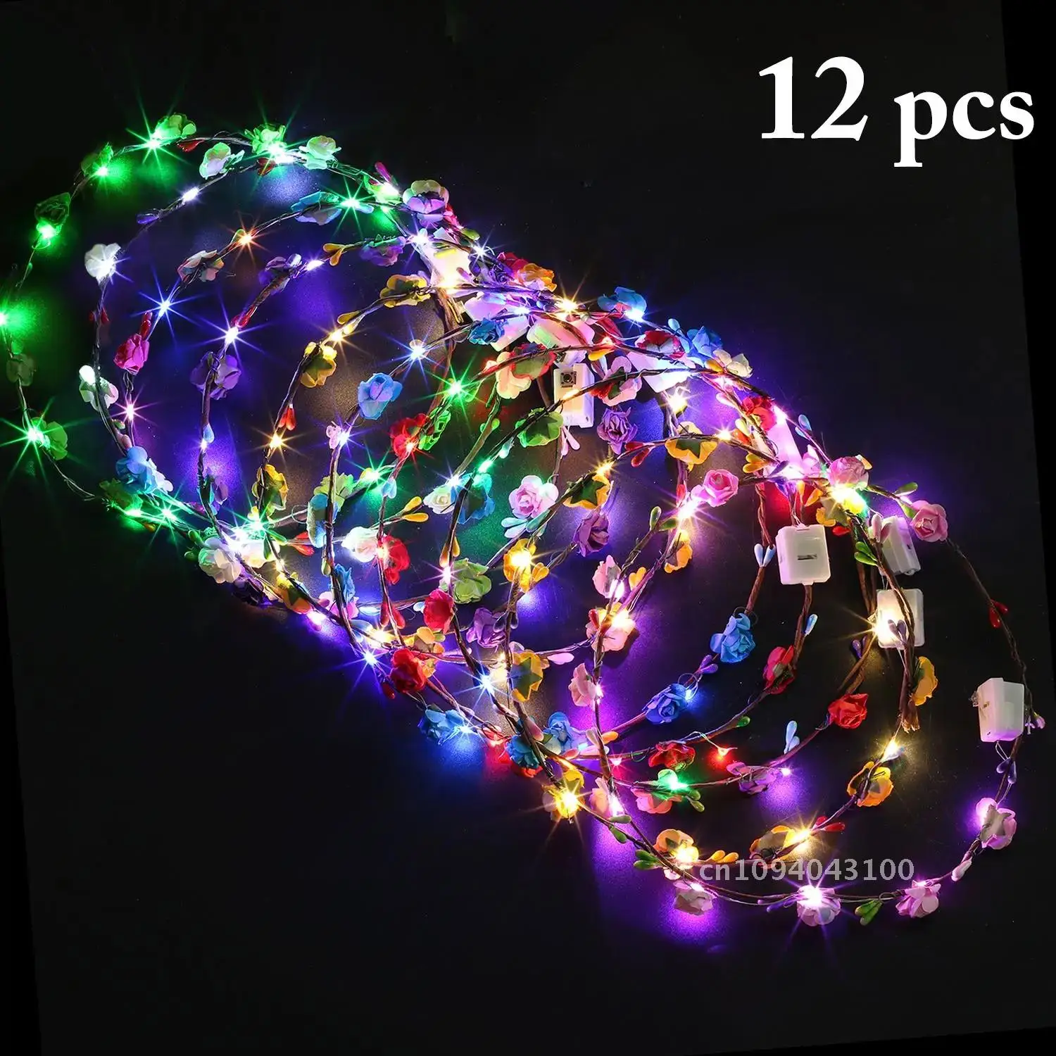 

12Pcs LED Adjustable Crown Flower Flower Glow Color Nights Headband Wreath Decor Wedding Garlands Party Baby Birthday Shower