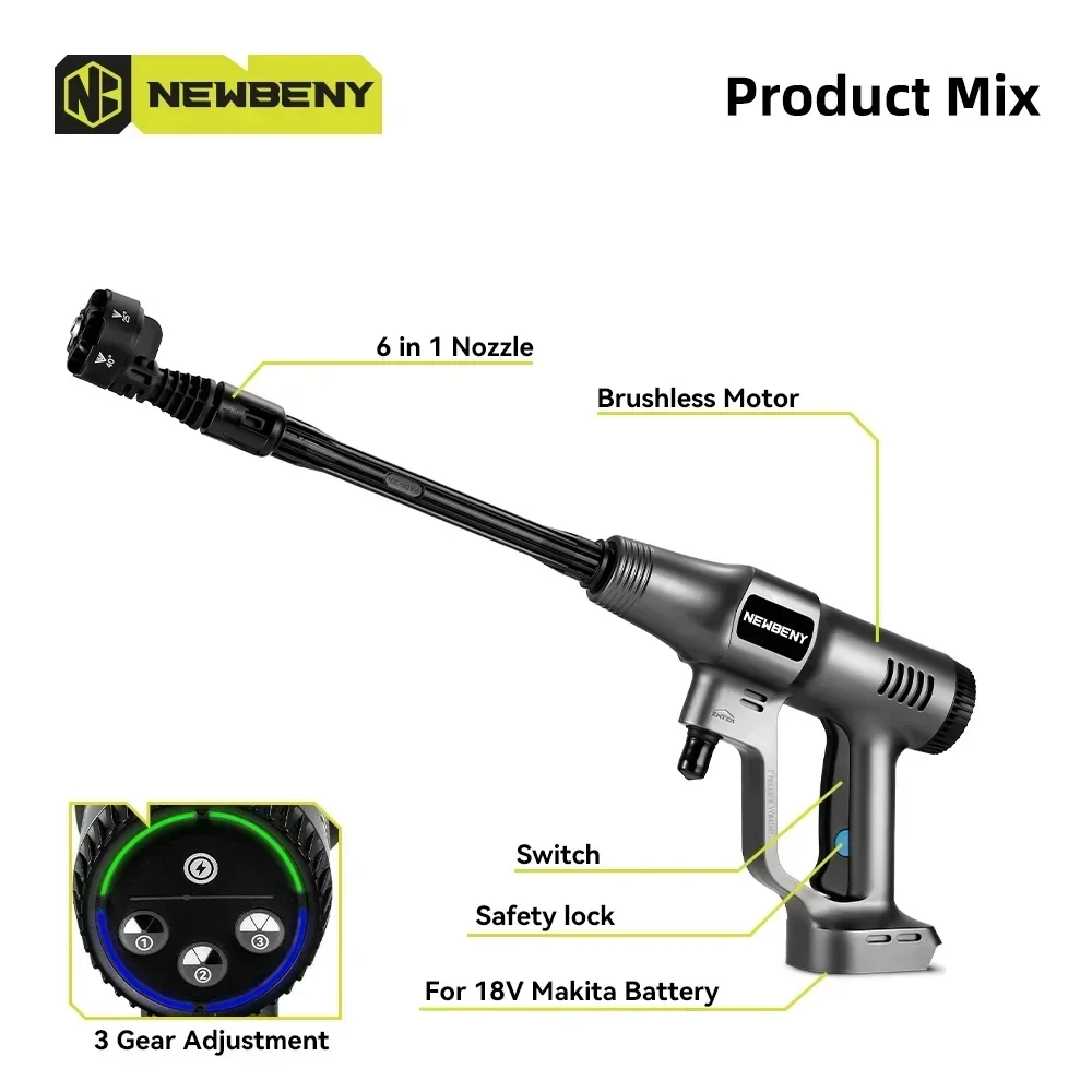 200Bar 6 IN 1 Brushless Electric High Pressure Washer 3 Gears Cordless Car Washing Garden Cleaning Tool For Makita 18V Battery