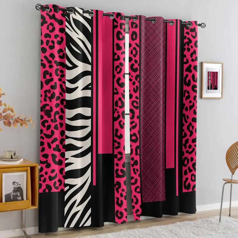 2Pc Hot Pink Leopard Zebra Striped Print Curtains Light Blocking Curtains Decorative Drapes for Bedroom Living Room