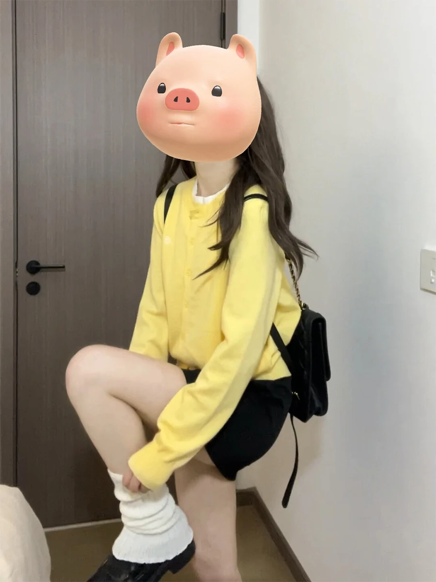 

Женский вязаный кардиган в корейском стиле, мягкий, свободный, имитация двойки, желтый, весенняя новинка, универсальный, на пуговицах