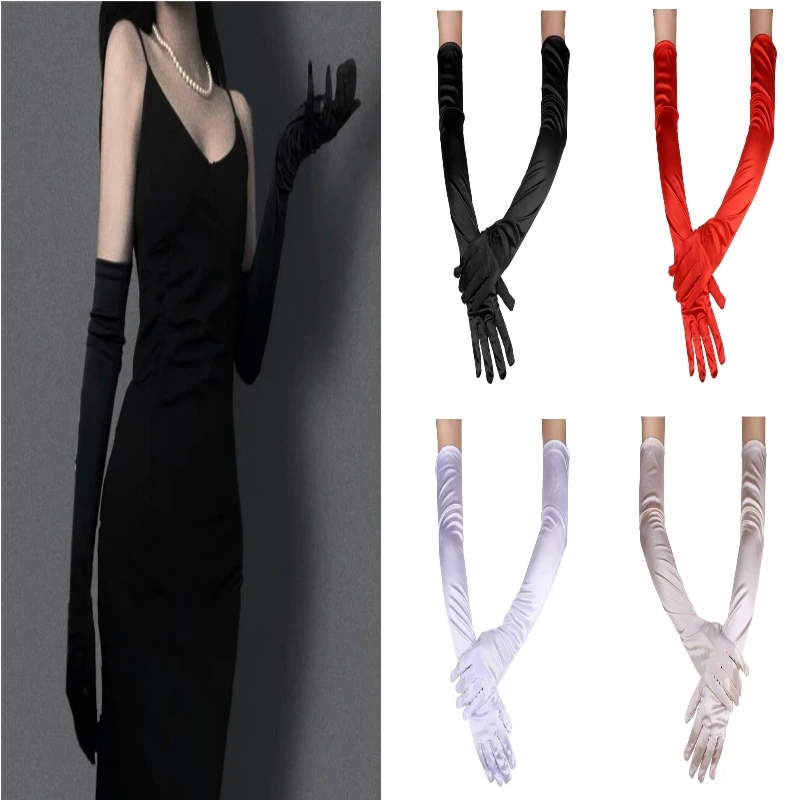 Classic Adult Black White Red Grey Skin Opera/Elbow/Wrist Stretch Satin Finger Long Gloves Women Flapper Gloves Matching Costume