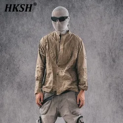 HKSH Spring Autumn New Heavy Industry Washed Cloth Splicing Process Waste Land Dark Style Shirt Stand Collar Vintage Top HK0121