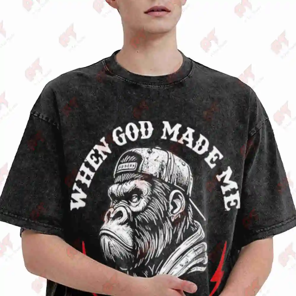 When God Made Me He Grinned Monkey Vintage Washed Tee Pure Cotton T-Shirt