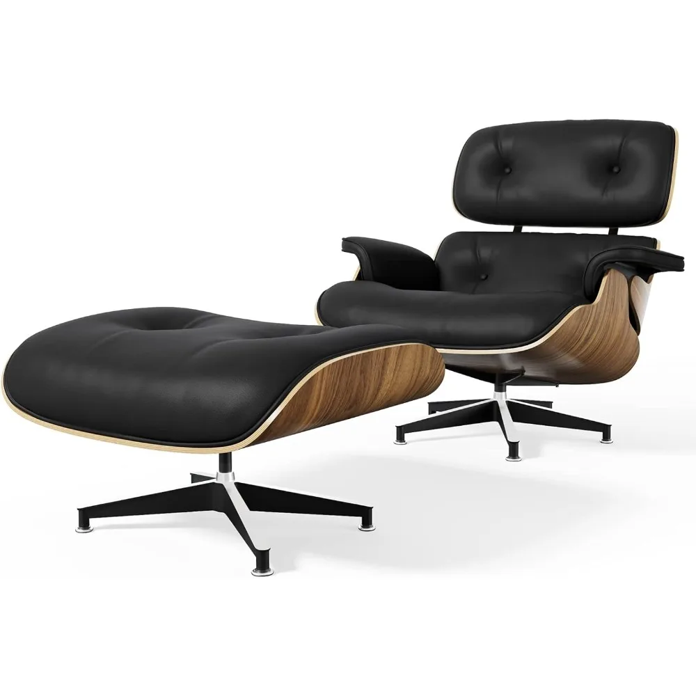 Meados do século moderno 100% grão superior poltrona de couro genuíno e madeira palisandro otomano para sala estar escritório nogueira