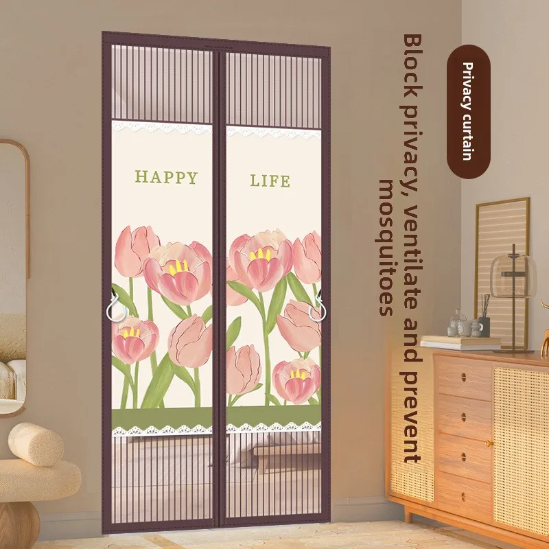 Privacy-protecting diamond mesh door curtain, mosquito-proof, for bedroom, no-drill installation, ventilated,full magnetic strip