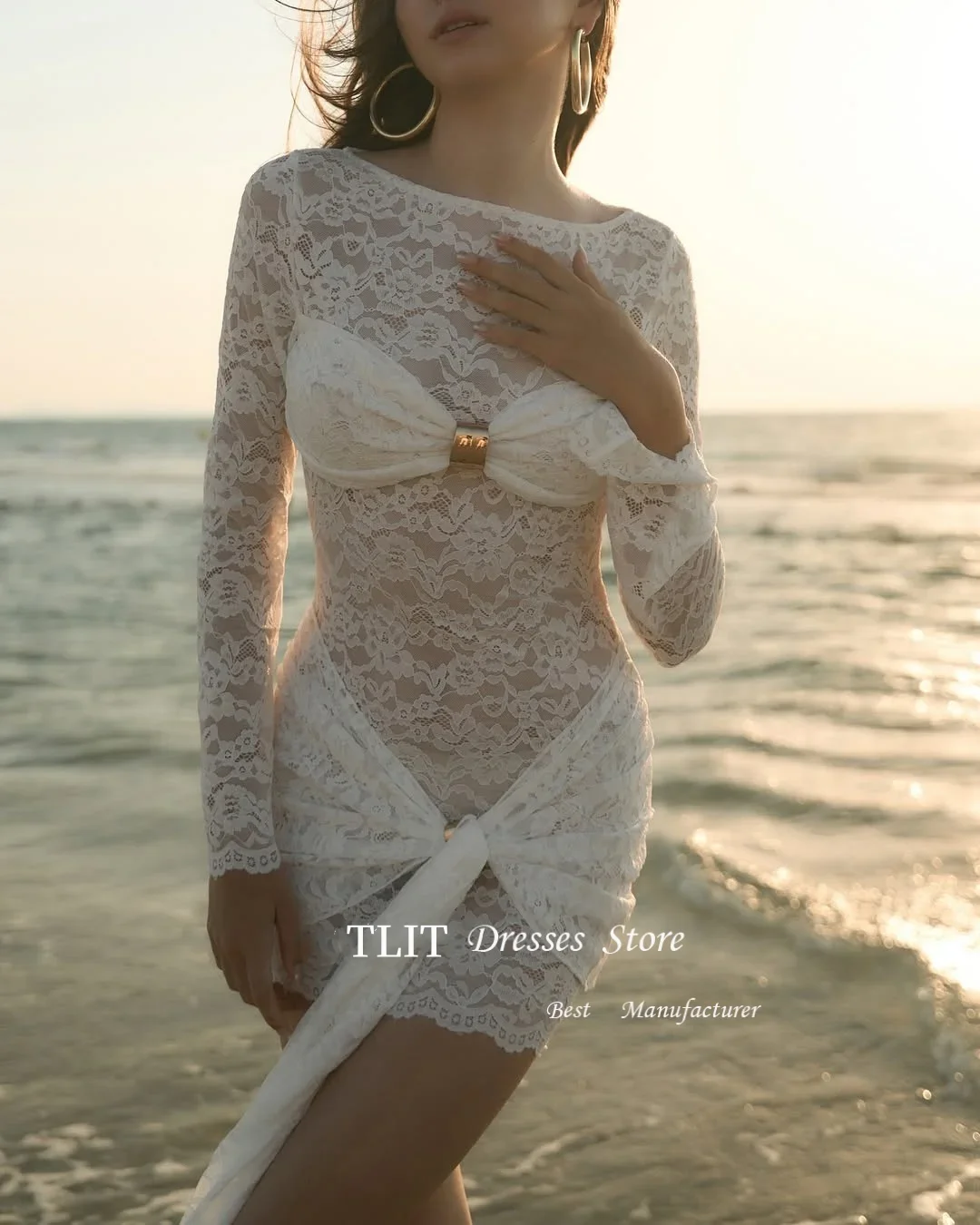 TLIT Patchwork Sexy Sheer Lace Bandage Women Dress Long Sleeve Round Neck Dress Skinny Elegant Cocktail  Dress Customized