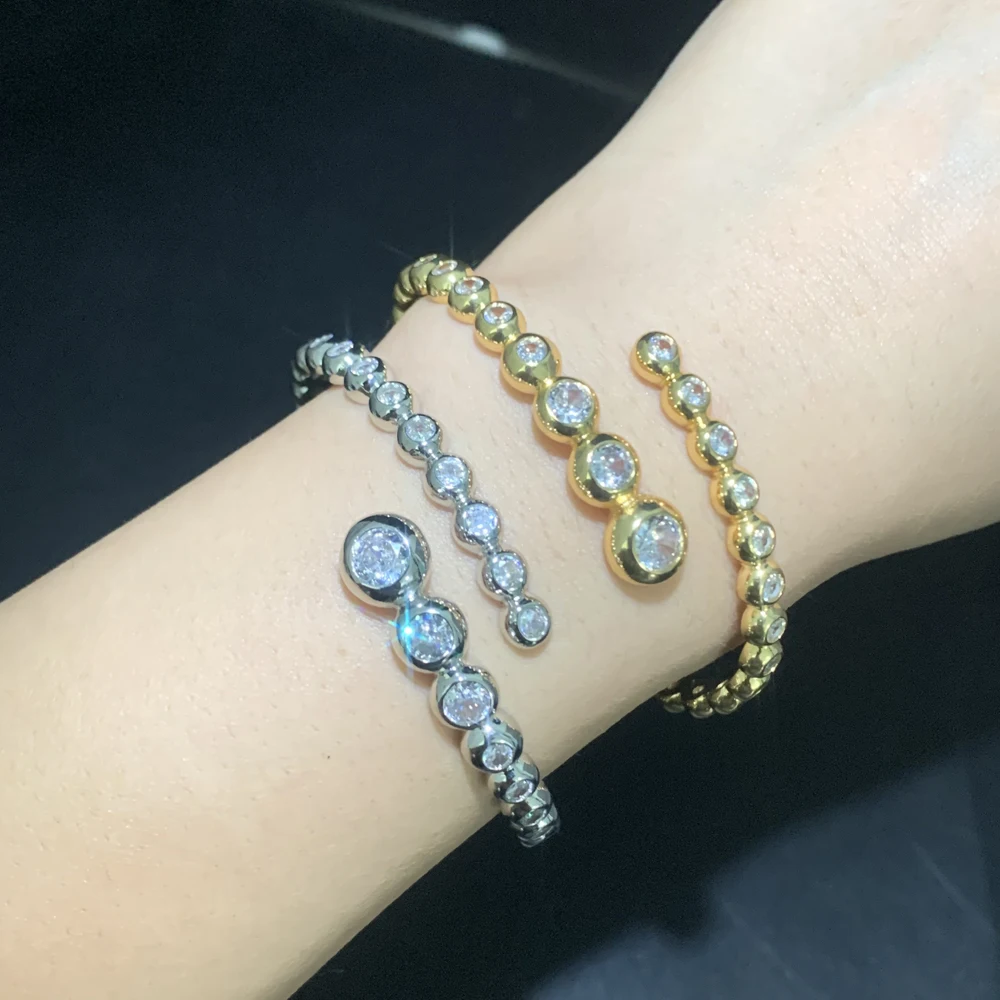 Geometric Round Ball Band Bezel Set Sparking Clear 5A Cubic Zirconia CZ Open Adjusted Bangle For Women