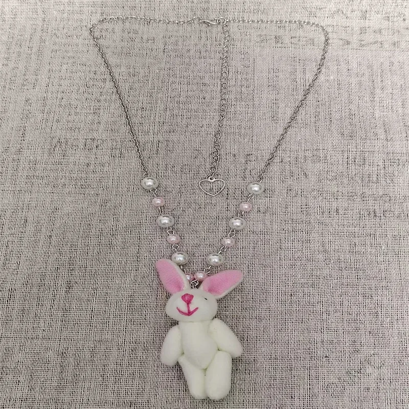 Kawaii Soft Plush Bunny Pendant Necklace Cute Fashion Animal Pink Beaded Chain Y2K Fairy core Coquettish Aesthetic Jewelry Gift