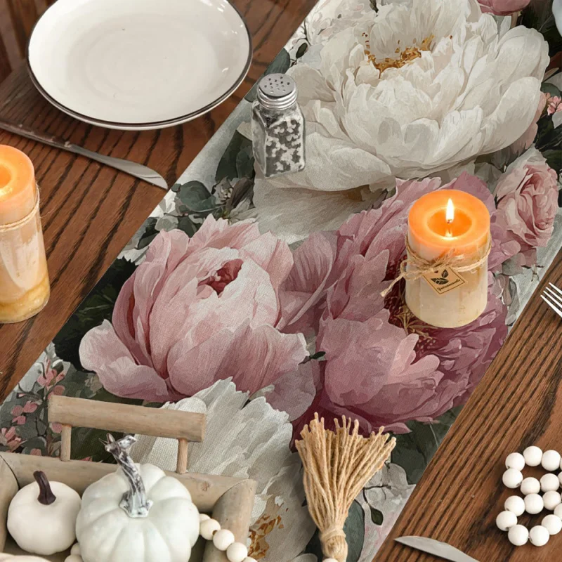 Ölgemälde Pfingstrosen Blumen Tischläufer aus Polyester Frühlings-Hochzeits-Tischdekoration für Küche Esszimmer Couchtisch Vintage Heimdekoration