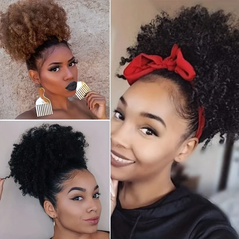 6 Inch Afro Puff Drawstring Ponytail - 100% Human Hair Curly Ponytail Extension, Machine-Made Clip-In Ponytail with 2 Clips
